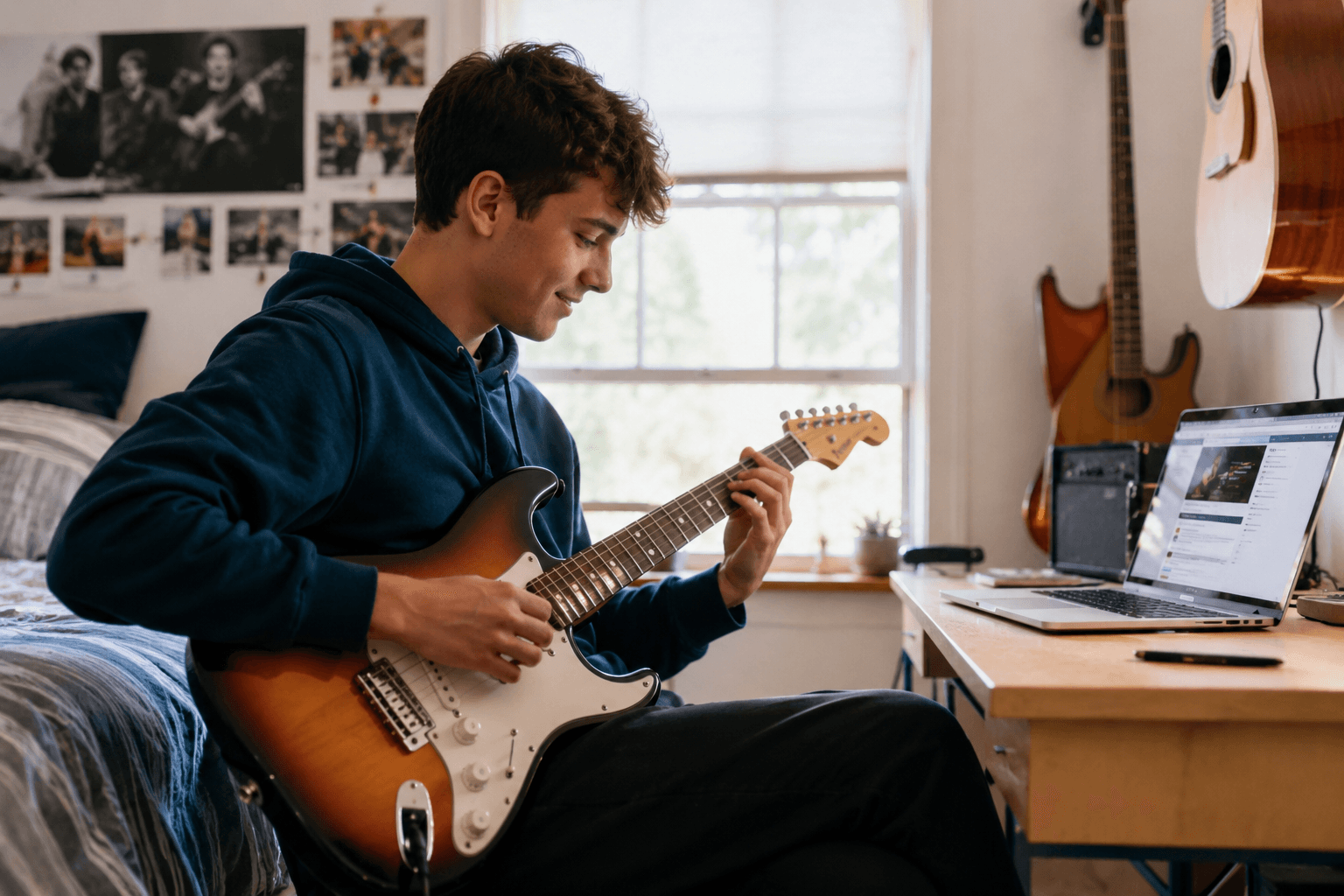 Élève jouant de la guitare chez lui avec ordinateur ouvert pour suivre son cours